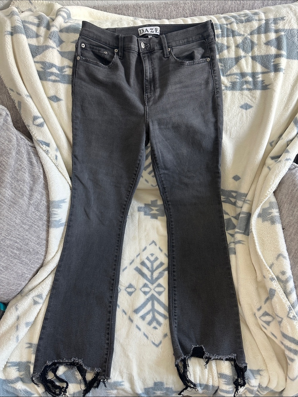 DAZE Black Raw-Hem Flare Jeans — High-Rise Wide Leg